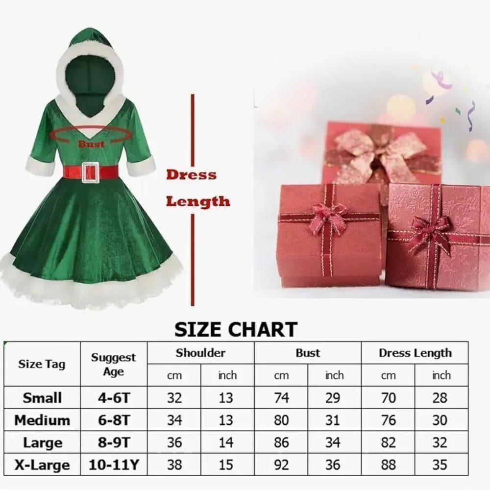 LMYOVE Girls Santa Green Elf Hooded Dress Costume(Large, Green)